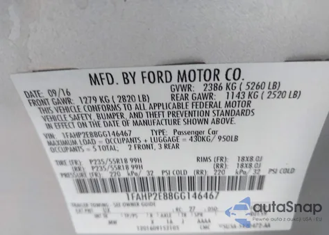 2016 Ford Taurus Sel z USA, uszkodzony, nr VIN 1FAHP2E88GG146467